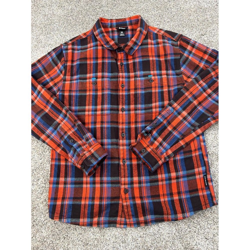 Cotopaxi Mens Organic Cotton Plaid Flannel Shirt Orange Blue Brown Size M #0748